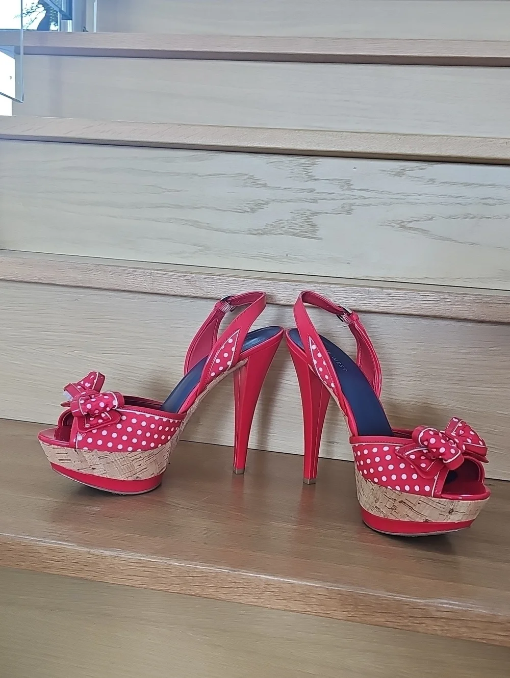Nine West Red Polka Dot Platform Slingback Heels with Bow